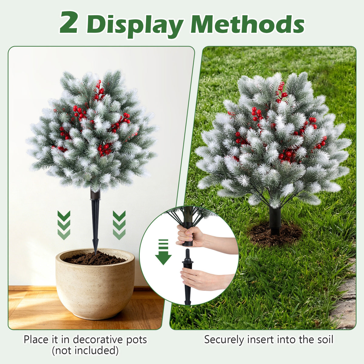 Set of 2 Artificial Cedar Topiary with Ground Spikes for Porch Patio Winter Decoration