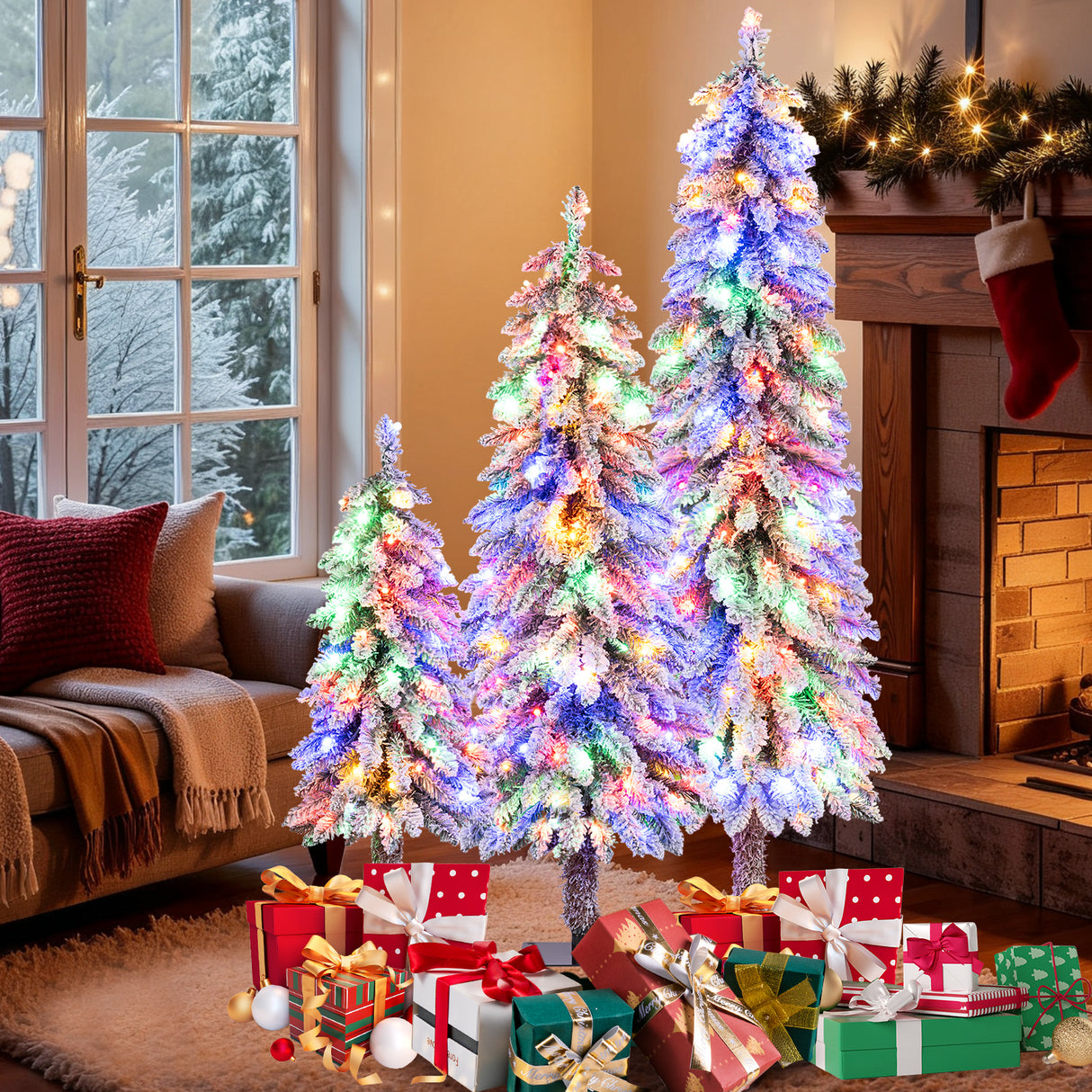 Artificial Christmas Tree Set of 3 with Snow-flocked Branch Tips