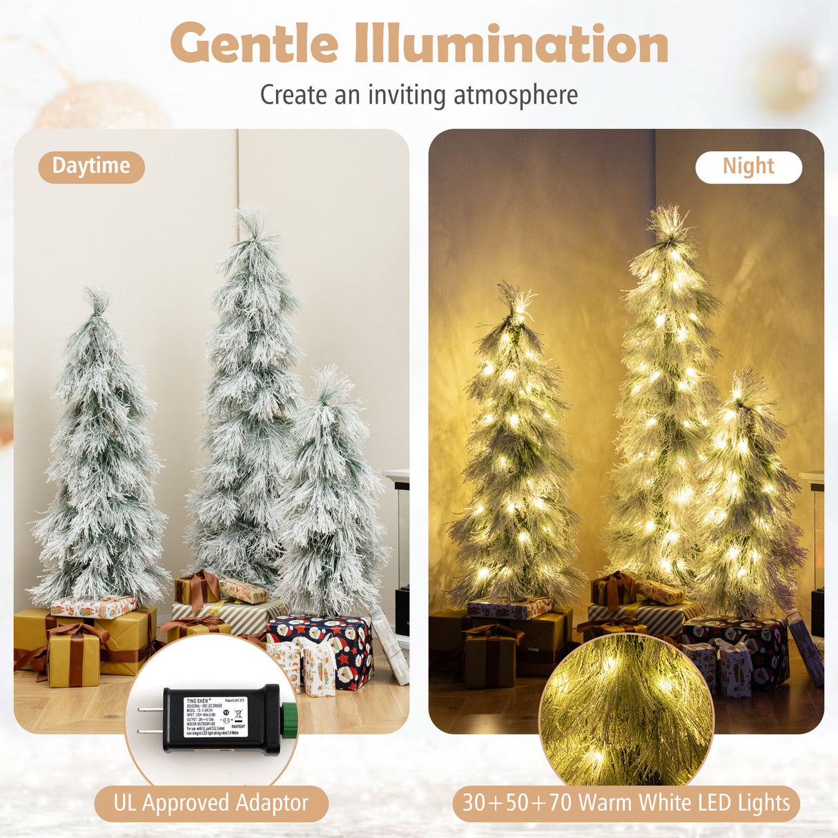 Artificial Christmas Tree Set of 3 with Snow-flocked Branch Tips and LED Lights