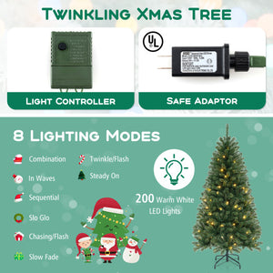 6/7/8 FT Artificial Christmas Tree with 568/830/1182 Branch Tips and 200/250/400 Warm White LED Lights-M