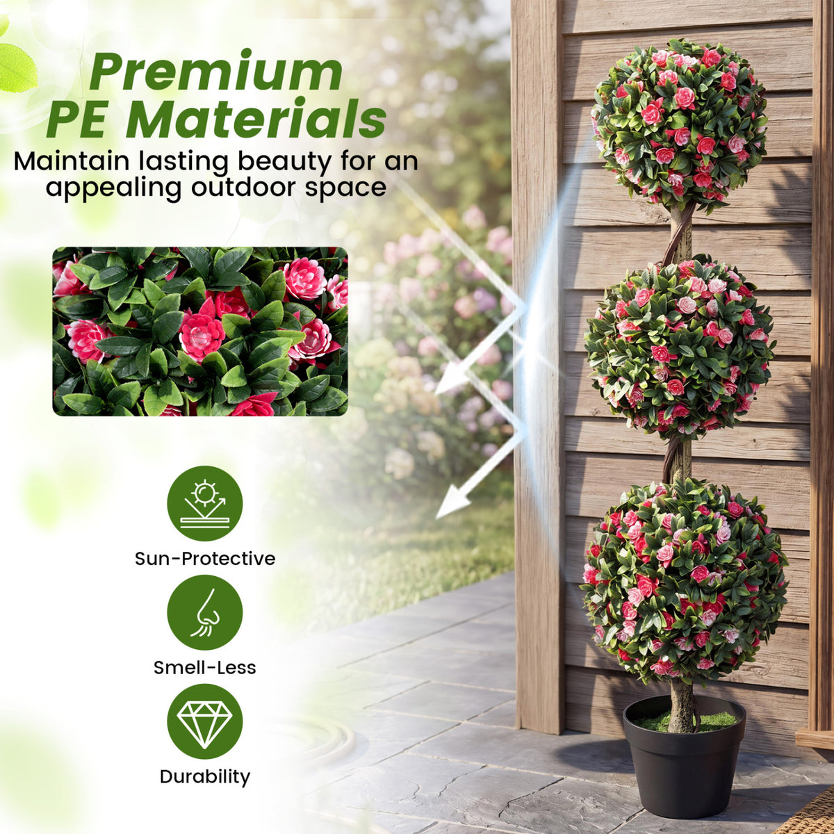 43.5" Artificial Triple Ball Rose Topiary Tree with Lifelike Blooms and Green Leaves