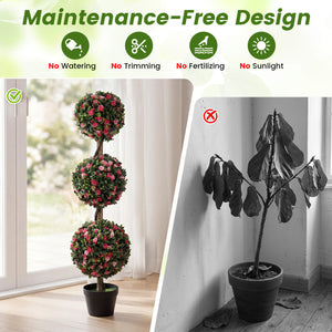 43.5" Artificial Triple Ball Rose Topiary Tree with Lifelike Blooms and Green Leaves