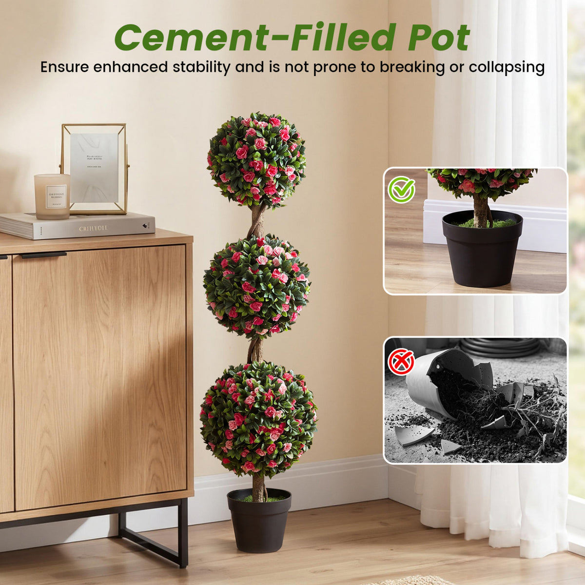43.5" Artificial Triple Ball Rose Topiary Tree with Lifelike Blooms and Green Leaves