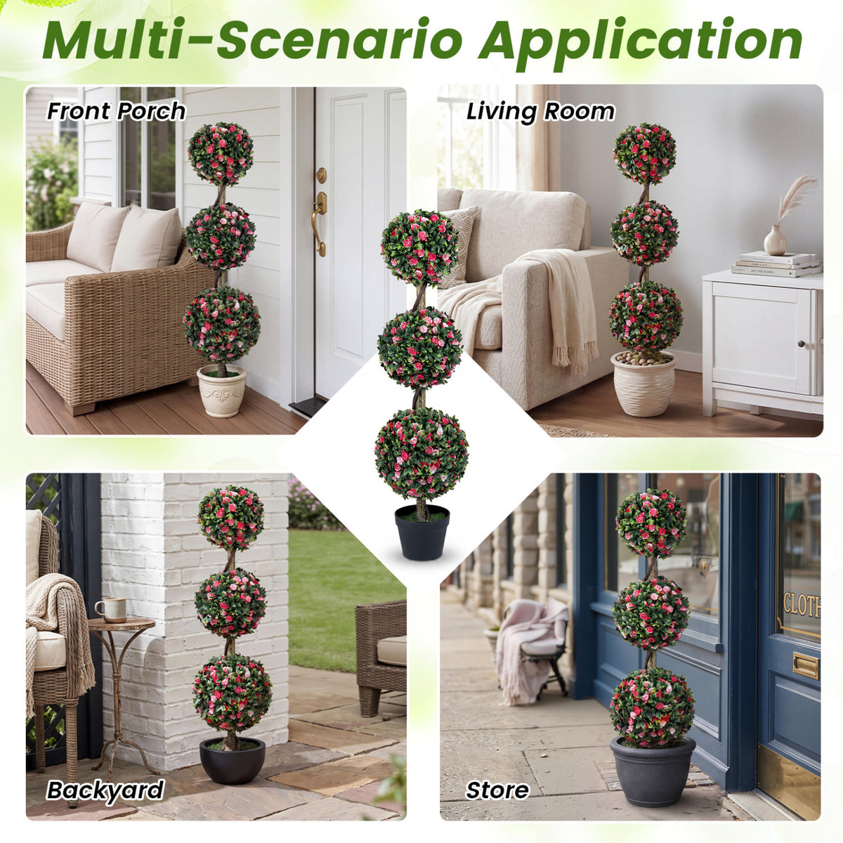 43.5" Artificial Triple Ball Rose Topiary Tree with Lifelike Blooms and Green Leaves