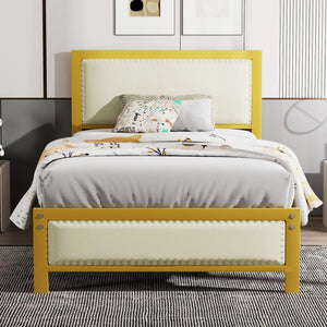 VECELO Twin Size Bed Frame with Headboard Heavy-Duty Upholstered Platform with Strong Metal Slats No Box Spring Needed Easy Assembly Golden
