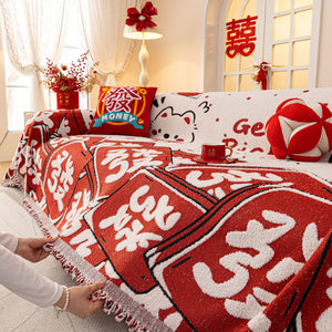 Chinese New Year Sofa Throw Cover Blanket, Decor Festive Red Fu Pattern Couch Cover