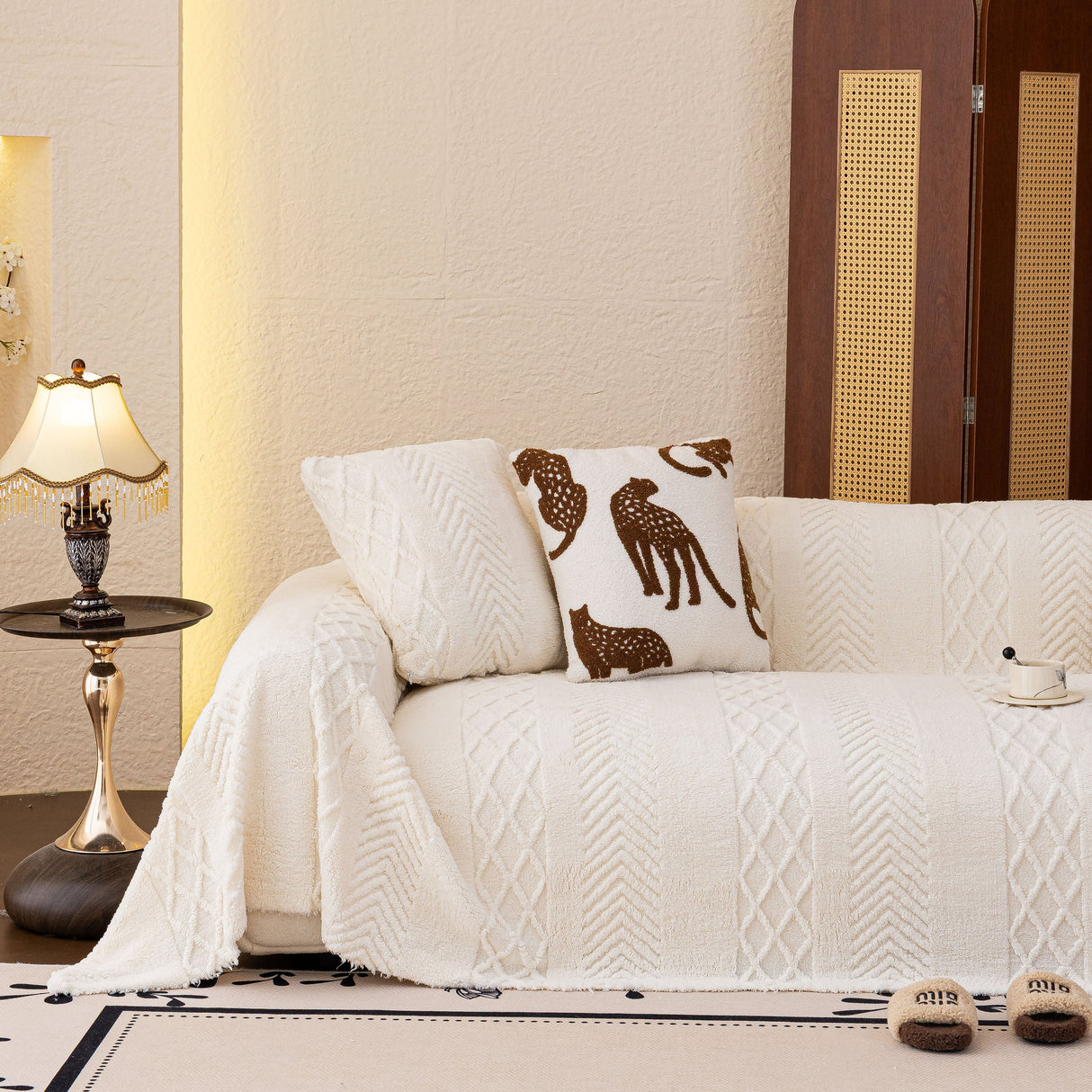 Plush Fleece Sofa Cover with 3D Cable Knit Texture Soft Cozy Warm Sofa Throw Blanket