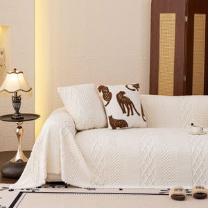 Plush Fleece Sofa Cover with 3D Cable Knit Texture Soft Cozy Warm Sofa Throw Blanket