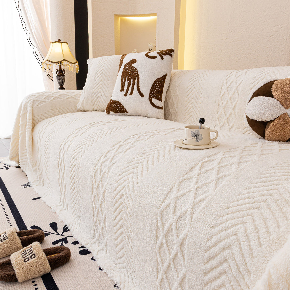 Plush Fleece Sofa Cover with 3D Cable Knit Texture Soft Cozy Warm Sofa Throw Blanket