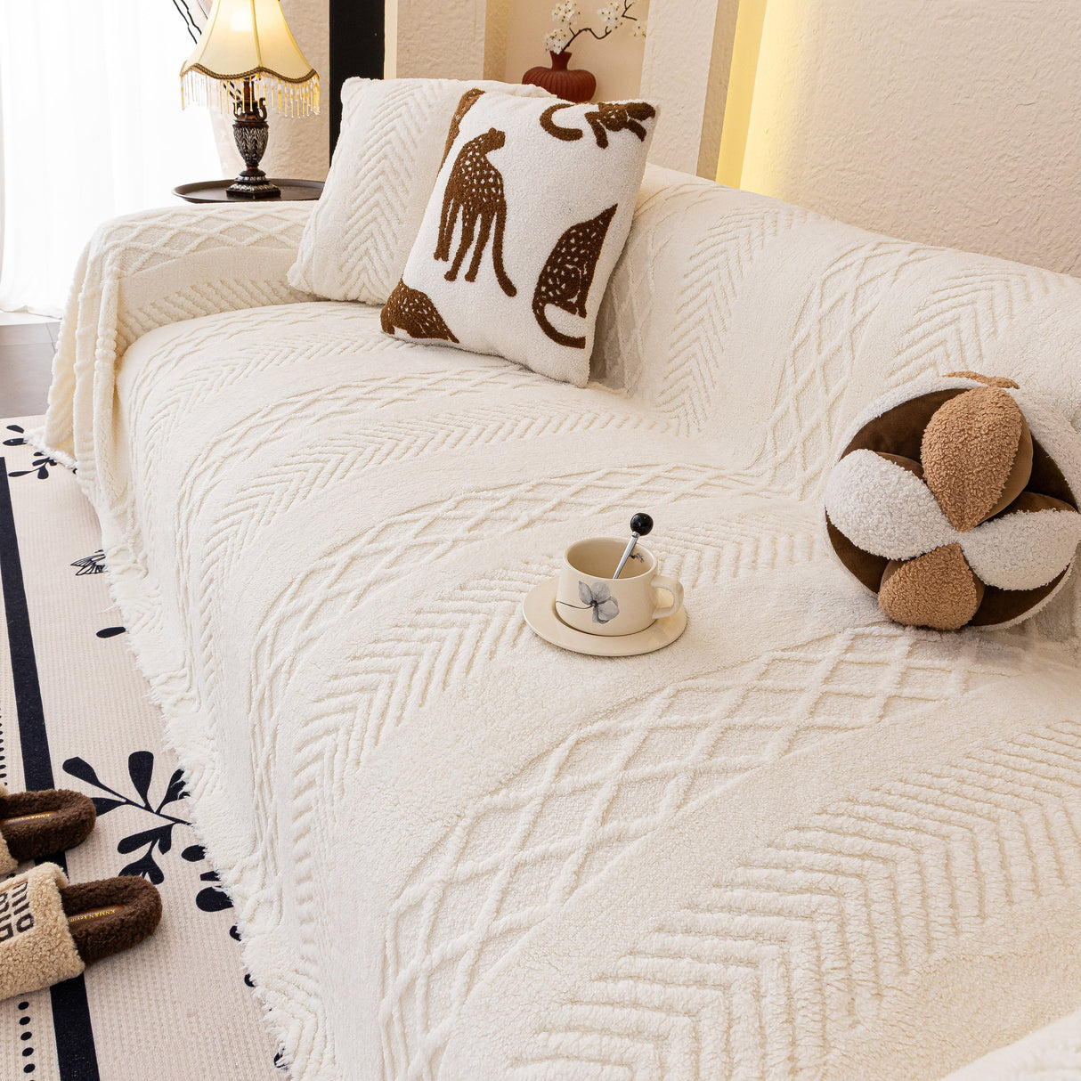 Plush Fleece Sofa Cover with 3D Cable Knit Texture Soft Cozy Warm Sofa Throw Blanket