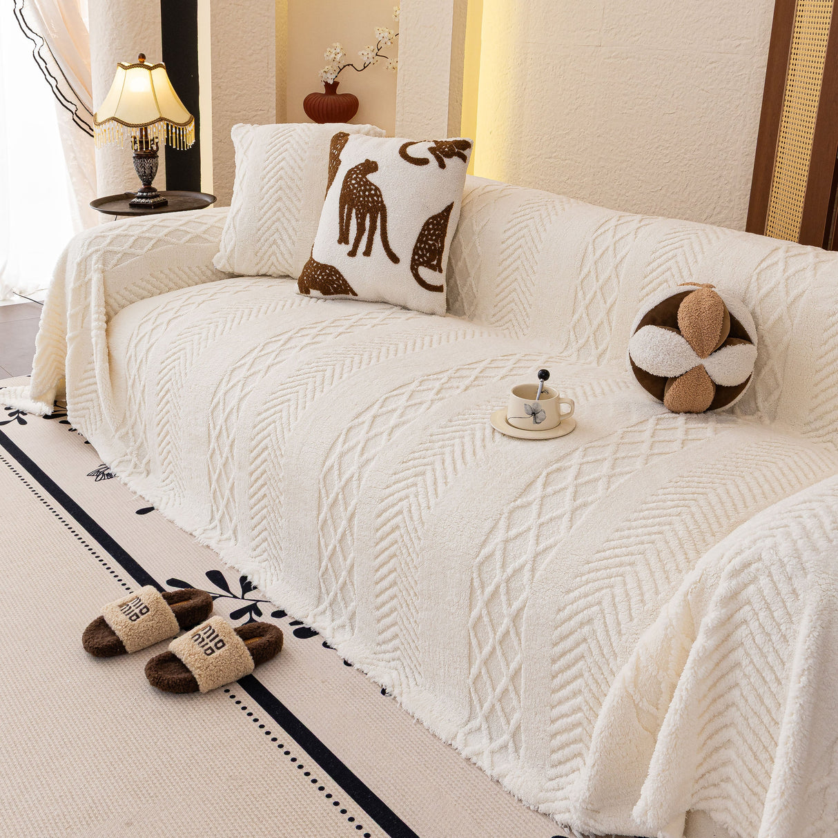 Plush Fleece Sofa Cover with 3D Cable Knit Texture Soft Cozy Warm Sofa Throw Blanket