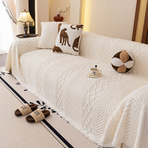 Plush Fleece Sofa Cover with 3D Cable Knit Texture Soft Cozy Warm Sofa Throw Blanket