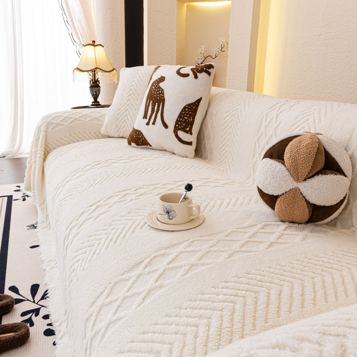 Plush Fleece Sofa Cover with 3D Cable Knit Texture Soft Cozy Warm Sofa Throw Blanket