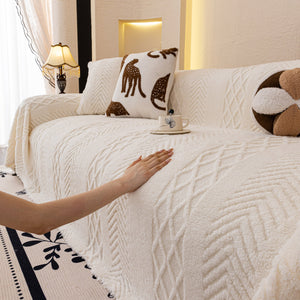 Plush Fleece Sofa Cover with 3D Cable Knit Texture Soft Cozy Warm Sofa Throw Blanket