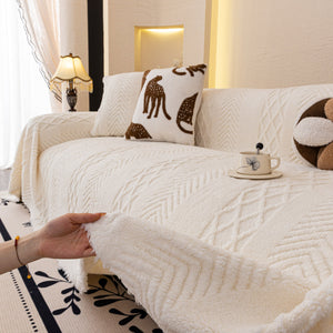 Plush Fleece Sofa Cover with 3D Cable Knit Texture Soft Cozy Warm Sofa Throw Blanket