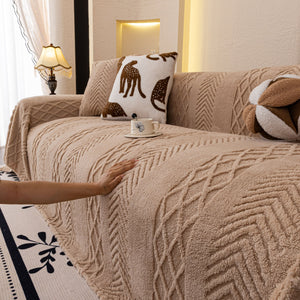 Plush Fleece Sofa Cover with 3D Cable Knit Texture Soft Cozy Warm Sofa Throw Blanket