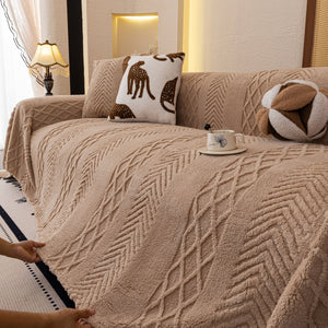 Plush Fleece Sofa Cover with 3D Cable Knit Texture Soft Cozy Warm Sofa Throw Blanket