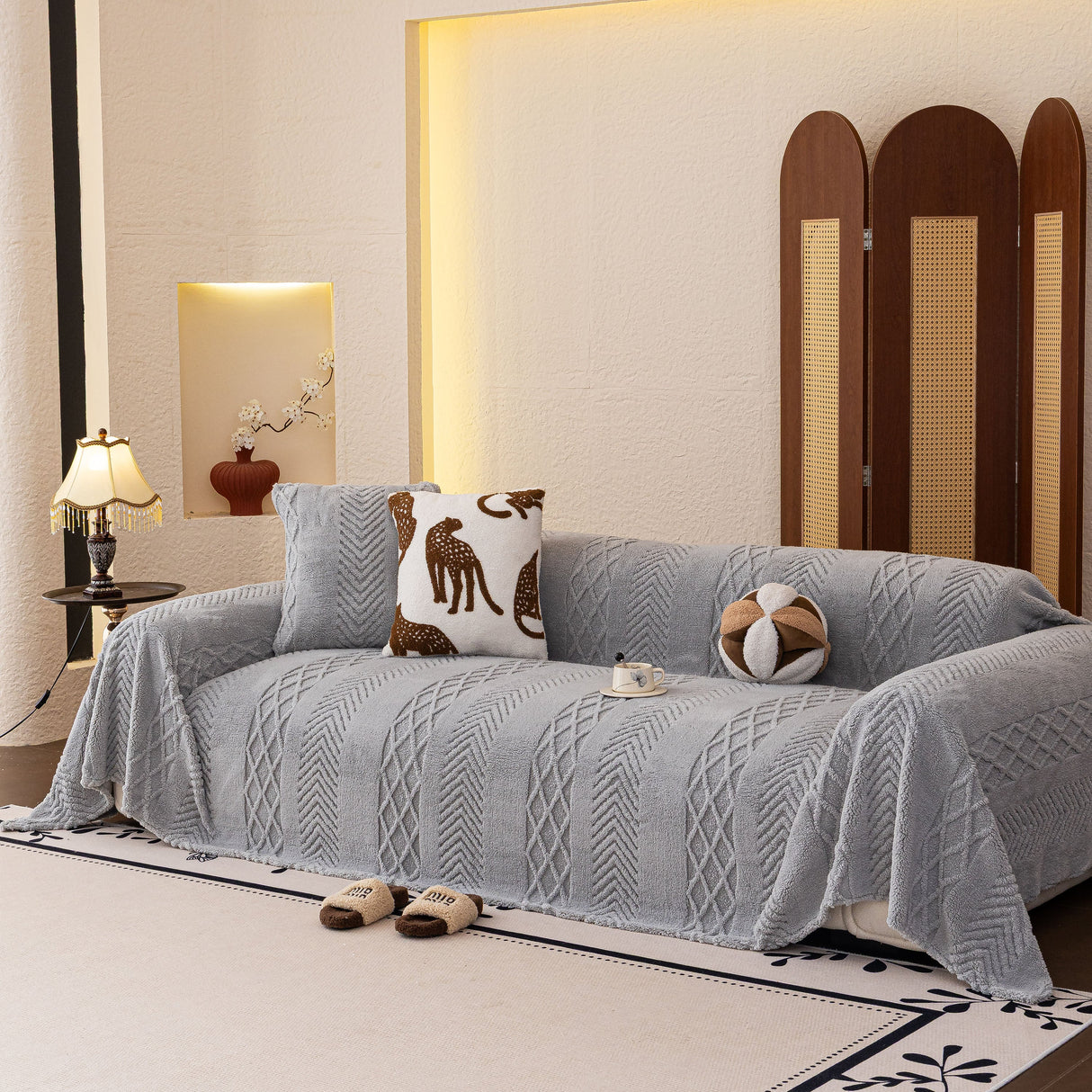 Plush Fleece Sofa Cover with 3D Cable Knit Texture Soft Cozy Warm Sofa Throw Blanket