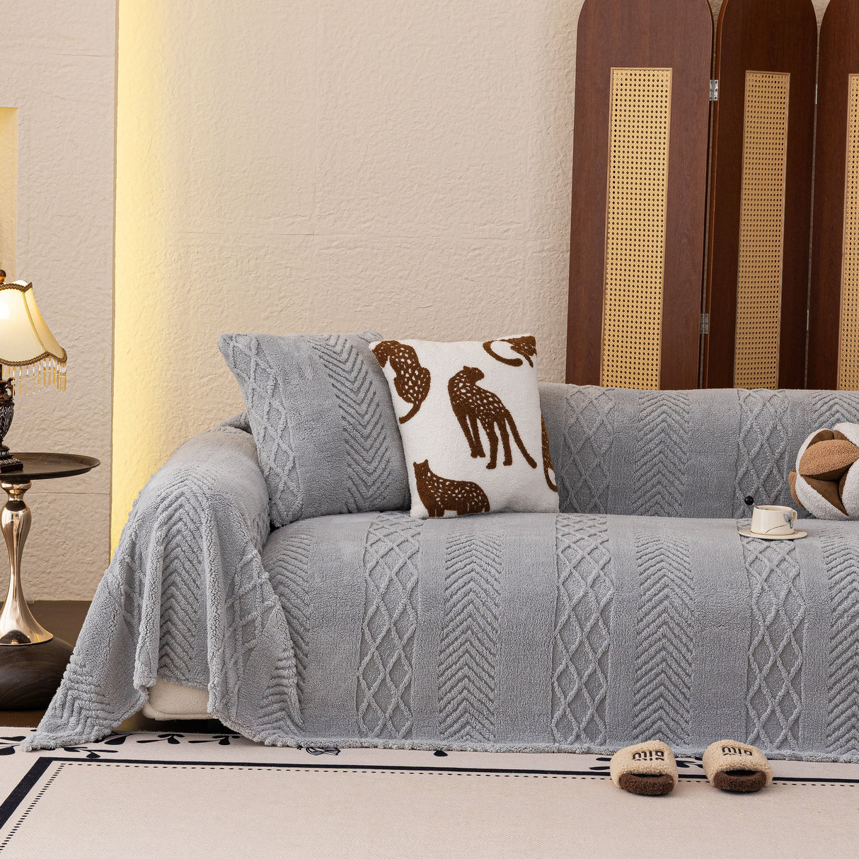 Plush Fleece Sofa Cover with 3D Cable Knit Texture Soft Cozy Warm Sofa Throw Blanket