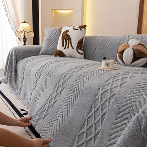 Plush Fleece Sofa Cover with 3D Cable Knit Texture Soft Cozy Warm Sofa Throw Blanket