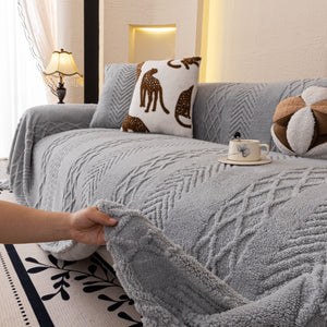 Plush Fleece Sofa Cover with 3D Cable Knit Texture Soft Cozy Warm Sofa Throw Blanket