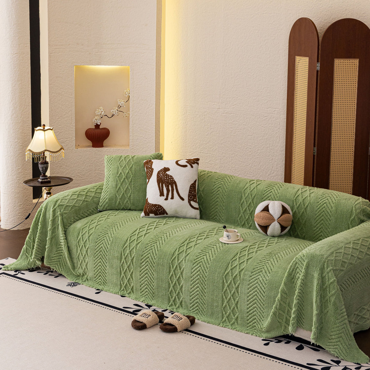 Plush Fleece Sofa Cover with 3D Cable Knit Texture Soft Cozy Warm Sofa Throw Blanket