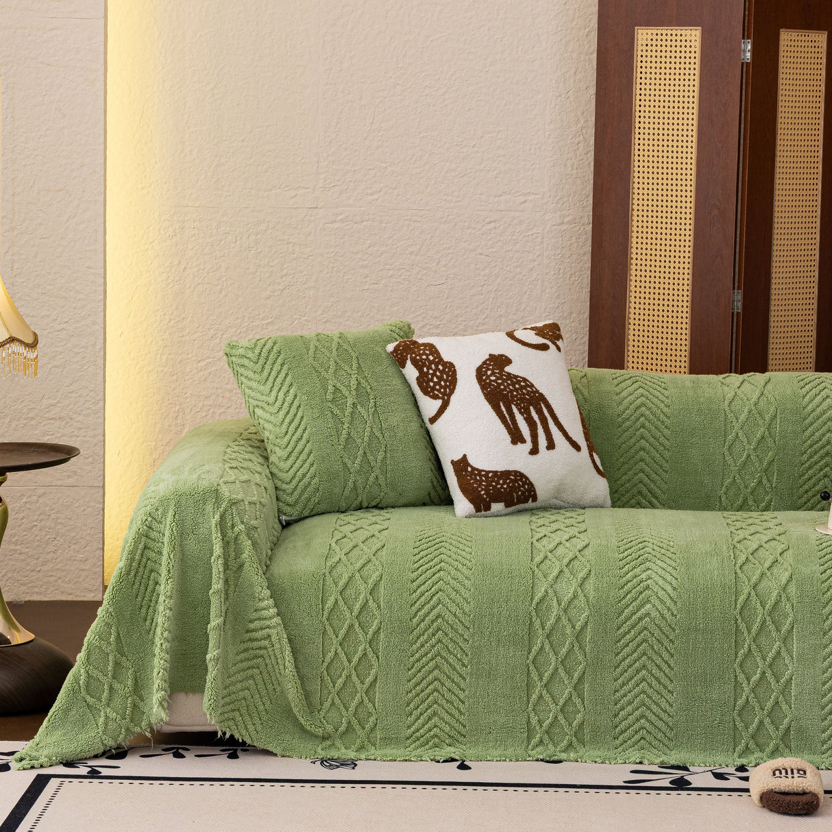 Plush Fleece Sofa Cover with 3D Cable Knit Texture Soft Cozy Warm Sofa Throw Blanket