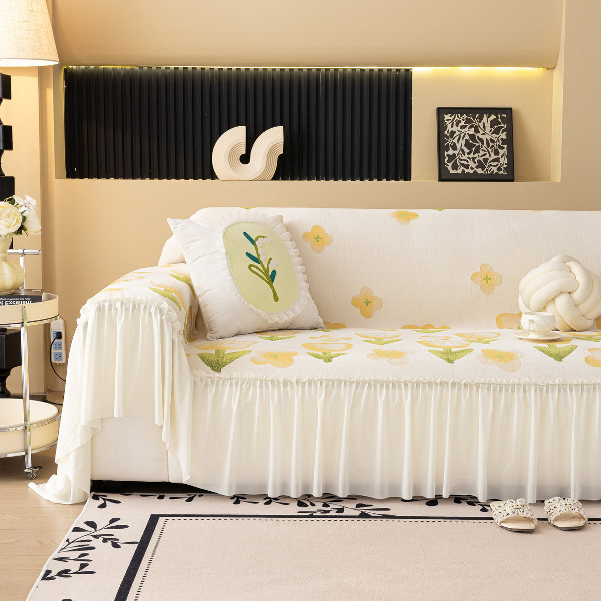 Ruffled Sweet Floral Sofa Cover with Skirt, Soft and Decorative Couch Throw Cover