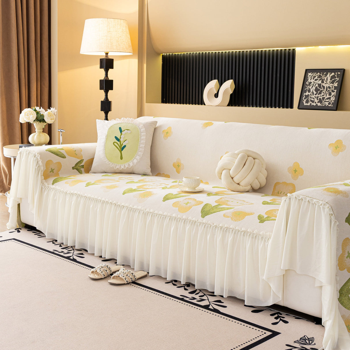 Ruffled Sweet Floral Sofa Cover with Skirt, Soft and Decorative Couch Throw Cover