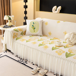 Ruffled Sweet Floral Sofa Cover with Skirt, Soft and Decorative Couch Throw Cover