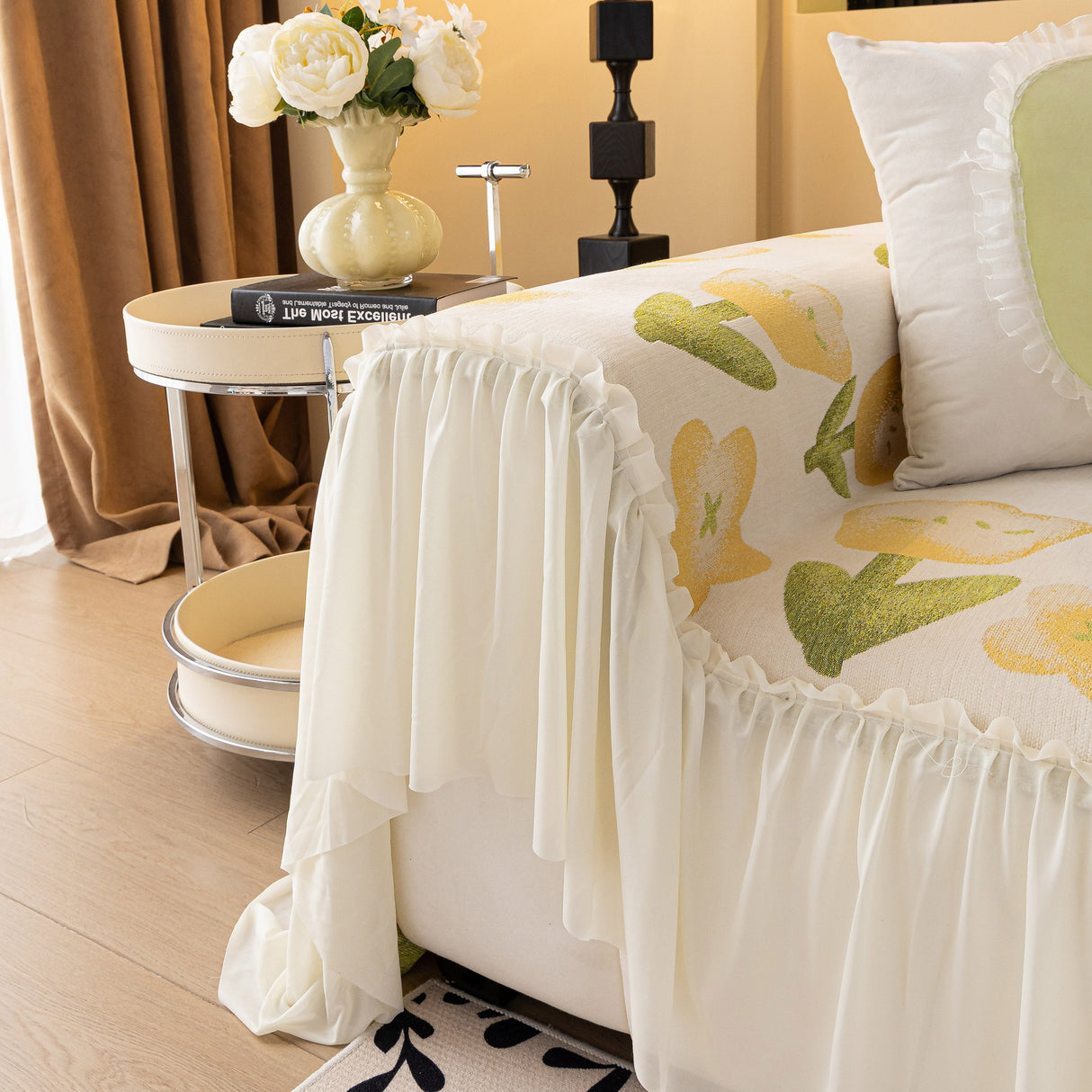 Ruffled Sweet Floral Sofa Cover with Skirt, Soft and Decorative Couch Throw Cover