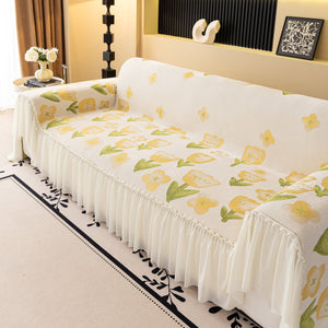 Ruffled Sweet Floral Sofa Cover with Skirt, Soft and Decorative Couch Throw Cover