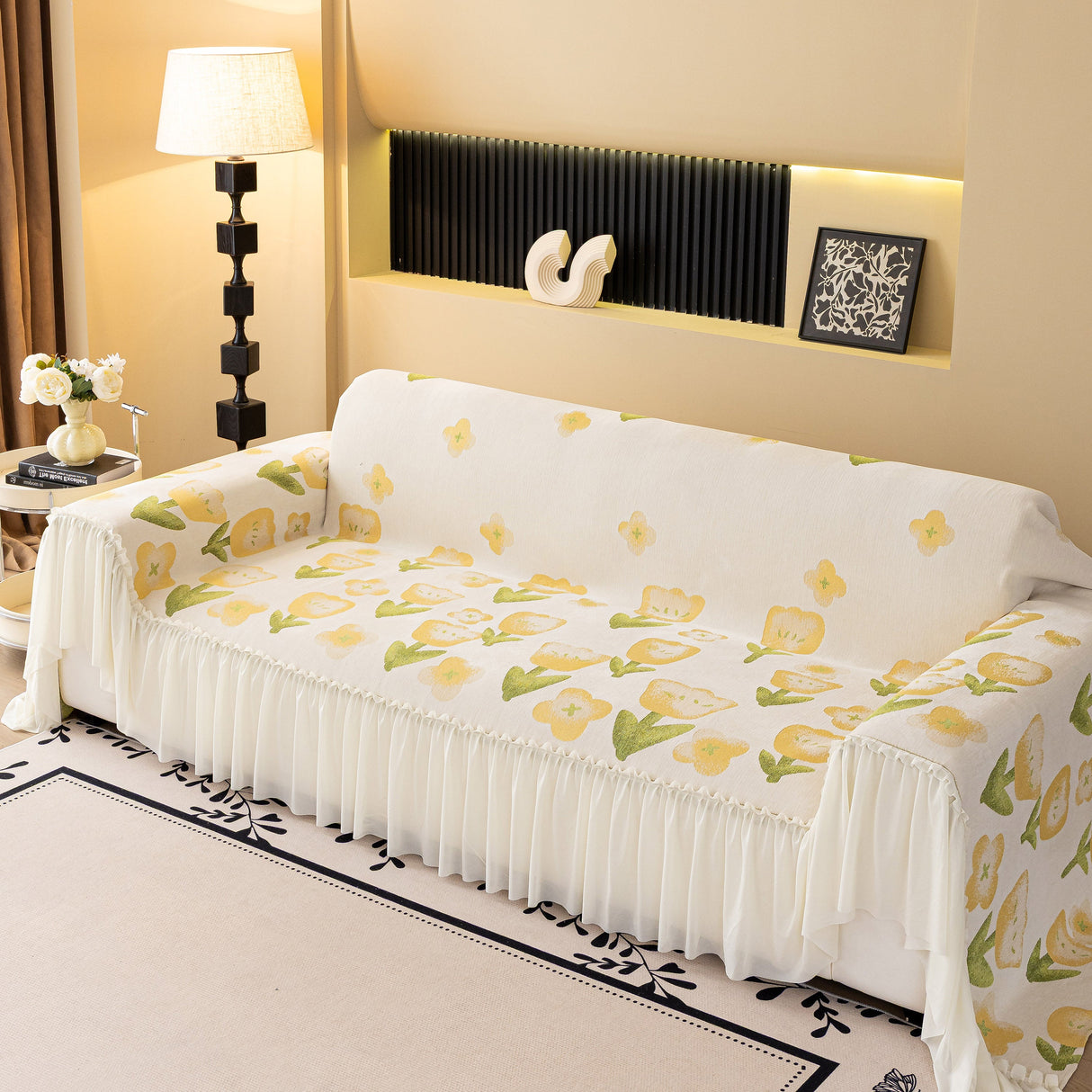 Ruffled Sweet Floral Sofa Cover with Skirt, Soft and Decorative Couch Throw Cover