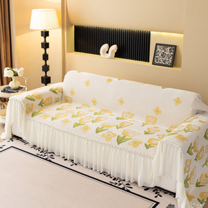 Ruffled Sweet Floral Sofa Cover with Skirt, Soft and Decorative Couch Throw Cover