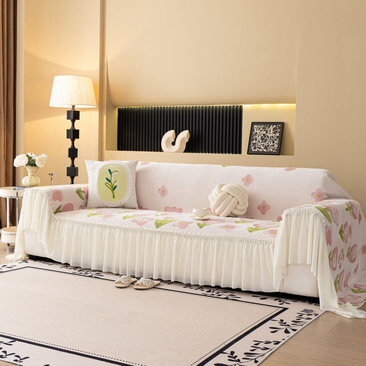 Ruffled Sweet Floral Sofa Cover with Skirt, Soft and Decorative Couch Throw Cover