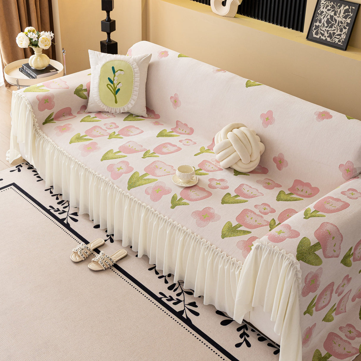 Ruffled Sweet Floral Sofa Cover with Skirt, Soft and Decorative Couch Throw Cover