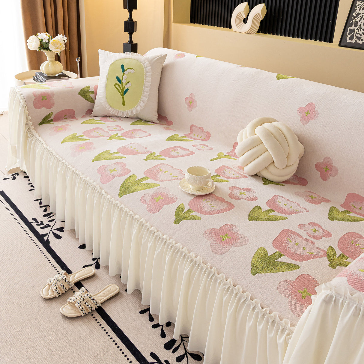 Ruffled Sweet Floral Sofa Cover with Skirt, Soft and Decorative Couch Throw Cover