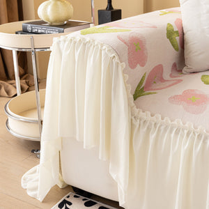 Ruffled Sweet Floral Sofa Cover with Skirt, Soft and Decorative Couch Throw Cover