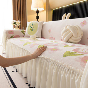 Ruffled Sweet Floral Sofa Cover with Skirt, Soft and Decorative Couch Throw Cover