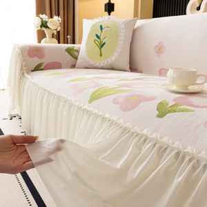 Ruffled Sweet Floral Sofa Cover with Skirt, Soft and Decorative Couch Throw Cover