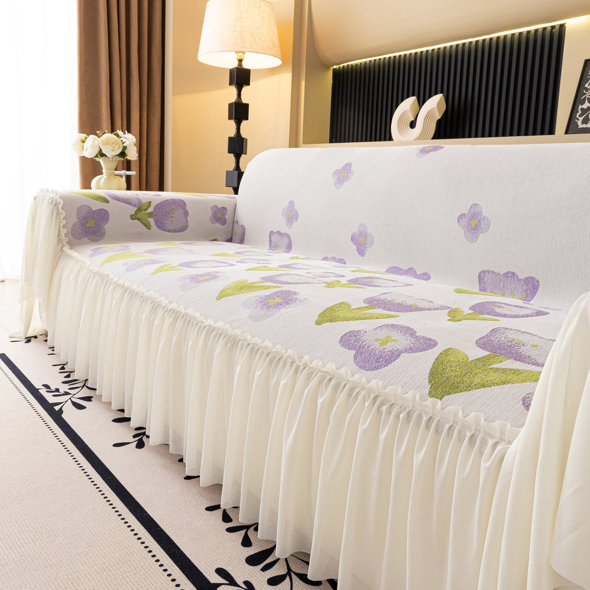 Ruffled Sweet Floral Sofa Cover with Skirt, Soft and Decorative Couch Throw Cover