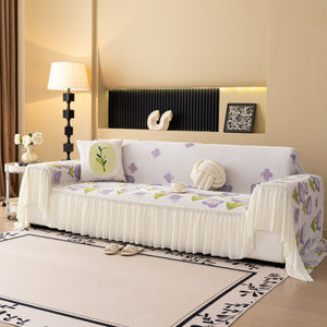 Ruffled Sweet Floral Sofa Cover with Skirt, Soft and Decorative Couch Throw Cover