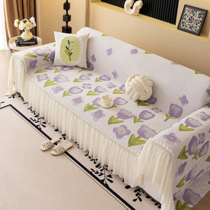 Ruffled Sweet Floral Sofa Cover with Skirt, Soft and Decorative Couch Throw Cover