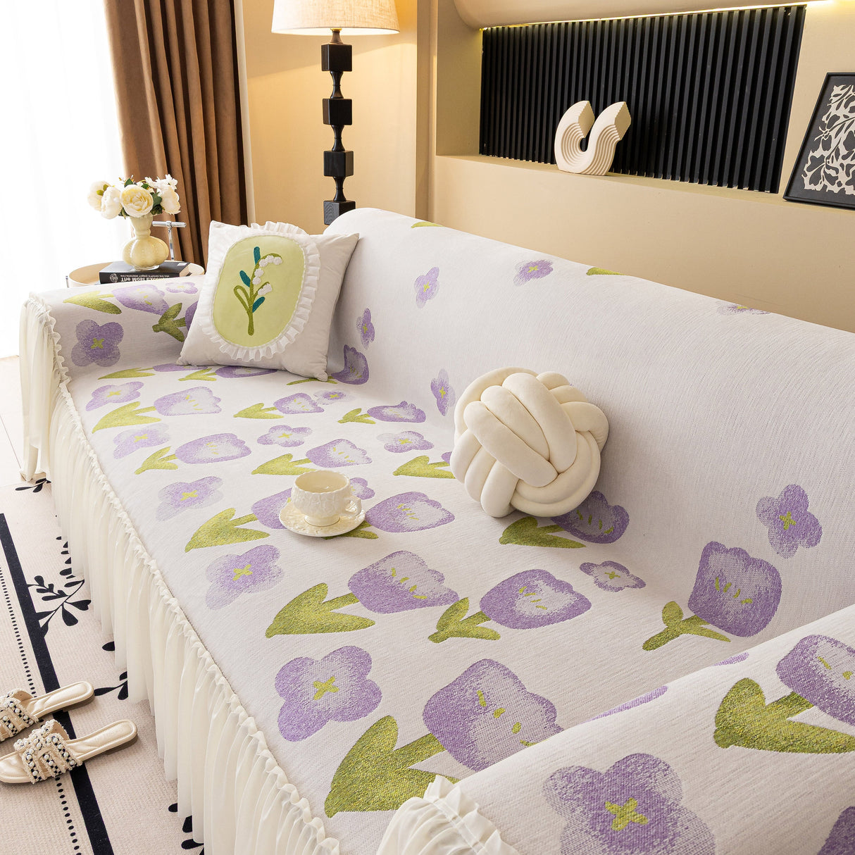 Ruffled Sweet Floral Sofa Cover with Skirt, Soft and Decorative Couch Throw Cover