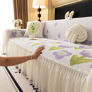 Ruffled Sweet Floral Sofa Cover with Skirt, Soft and Decorative Couch Throw Cover