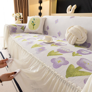 Ruffled Sweet Floral Sofa Cover with Skirt, Soft and Decorative Couch Throw Cover