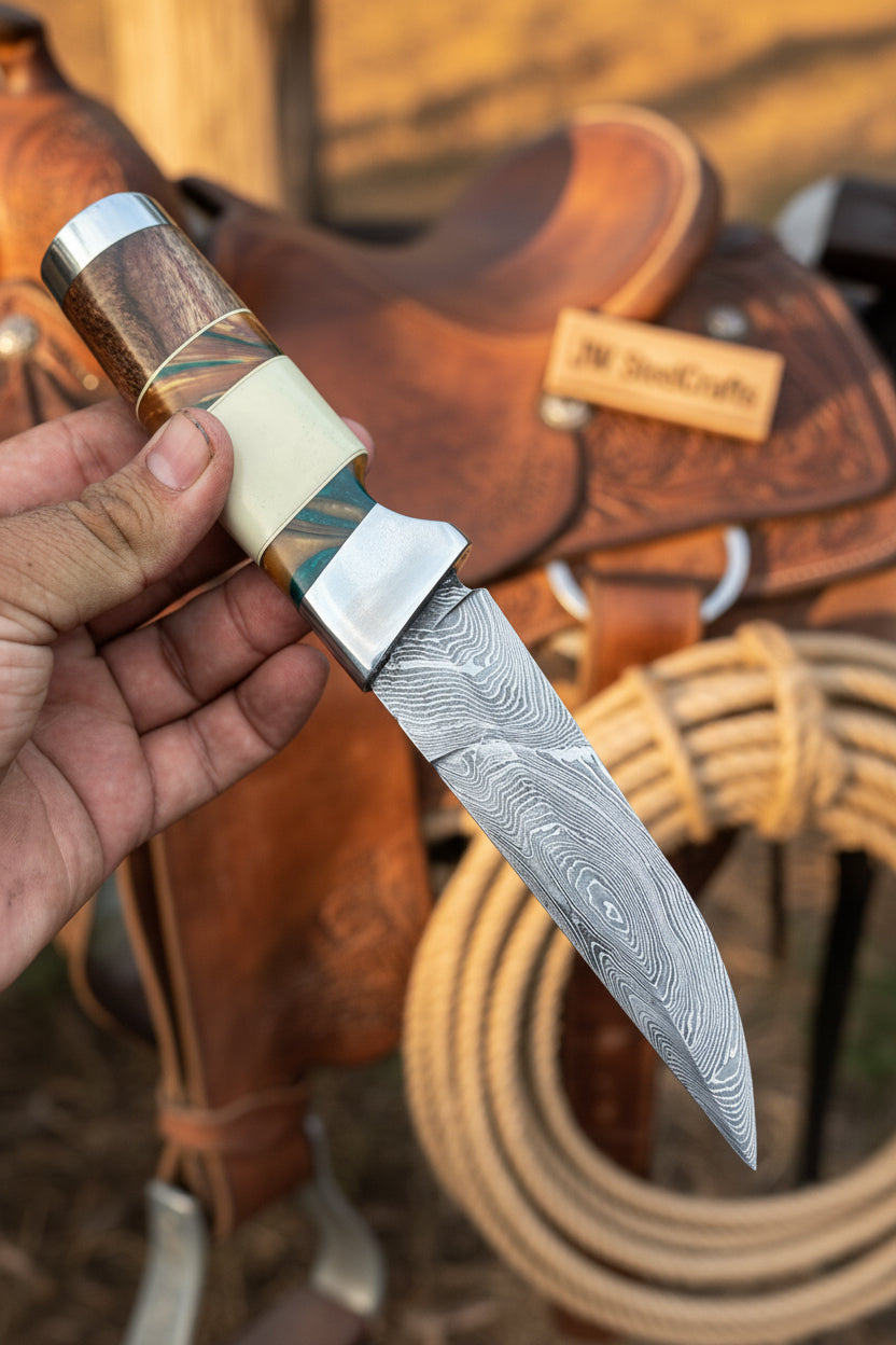 Hunting Knife 4.5” Damascus Steel Straight Back Blade Hybrid Wood Resin Handle Viking-Inspired