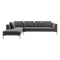 Introducing the Charles Left Arm Sectional Sofa by B&B Italia, a sleek and contemporary L-shaped sectional in gray, characterized by its clean lines and minimalist design. It comes with six back cushions and is elegantly supported by slender metal legs. The sofa includes a chaise on one side for extra lounging comfort.
