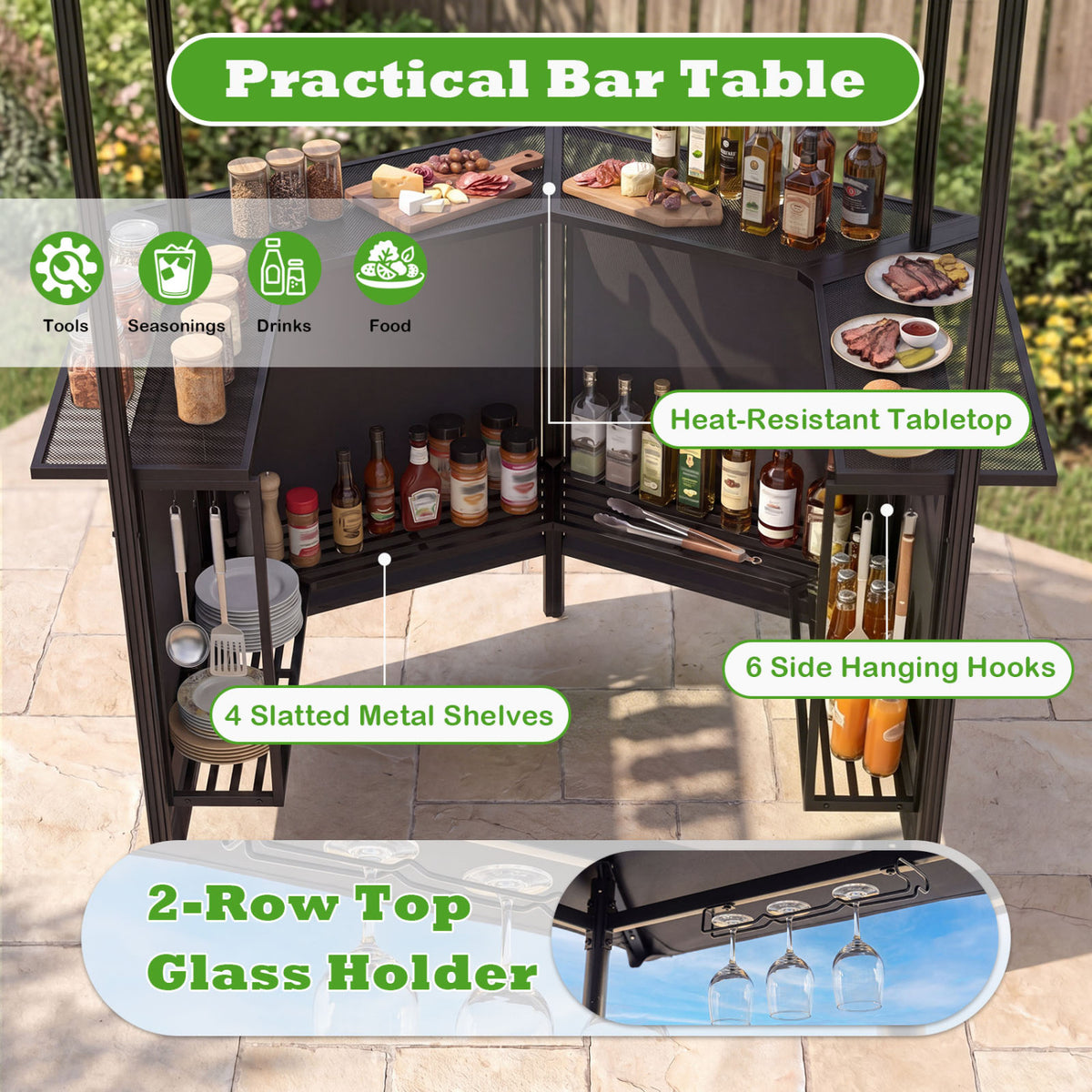 BBQ Gazebo Canopy with 4 Slatted Metal Shelves 6 Hanging Hooks and 2-Row Glass Holders-Black