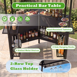 BBQ Gazebo Canopy with 4 Slatted Metal Shelves 6 Hanging Hooks and 2-Row Glass Holders-Black